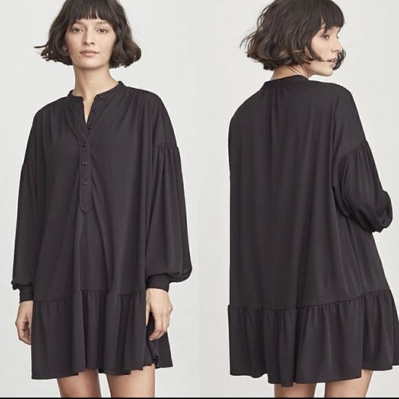 Elizabeth & James Black Button Flounce Ruffle Hem Long Sleeve Oversized Tunic, S - Picture 1 of 8
